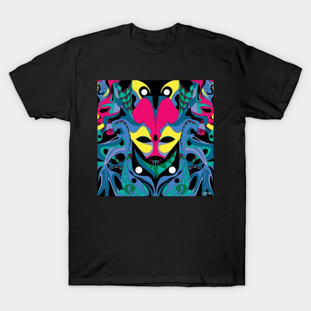 carnivale mask in alien pattern ecopop illustration in mexican totonac floral wallpaper T-Shirt by jorge_lebeau